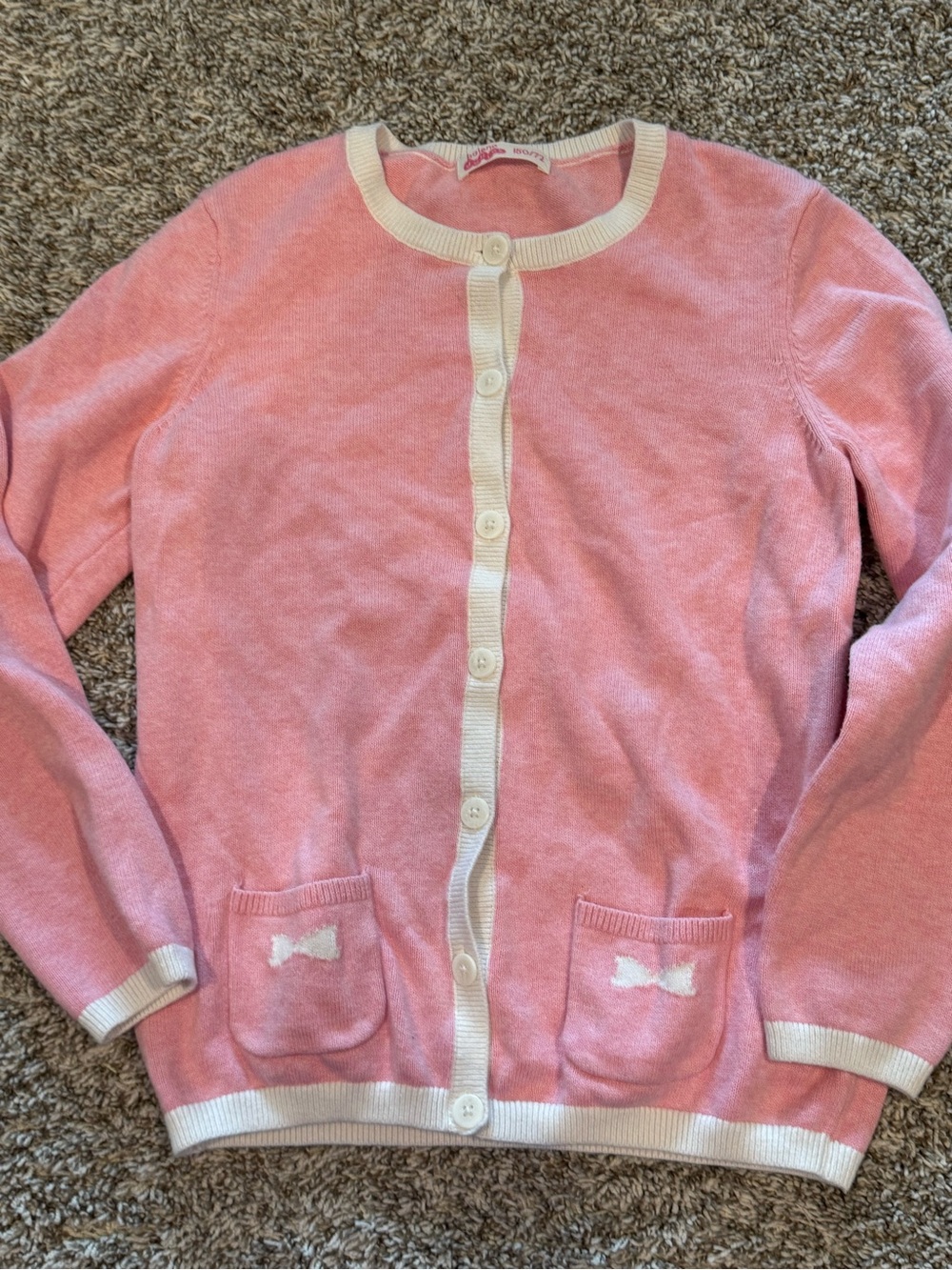Girls' Pink Cardigan Sweater with Cream Trim and Pocket Bows